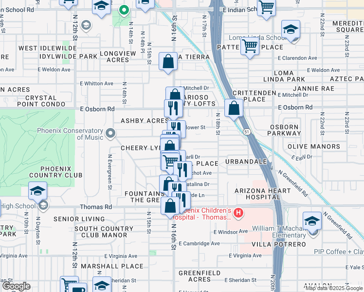 map of restaurants, bars, coffee shops, grocery stores, and more near 1619 East Cheery Lynn Road in Phoenix