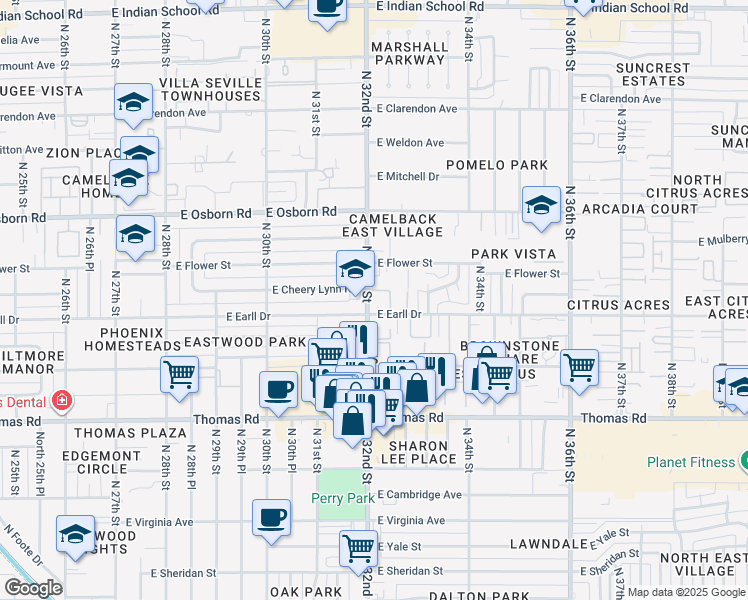 map of restaurants, bars, coffee shops, grocery stores, and more near 3101 North 32nd Street in Phoenix