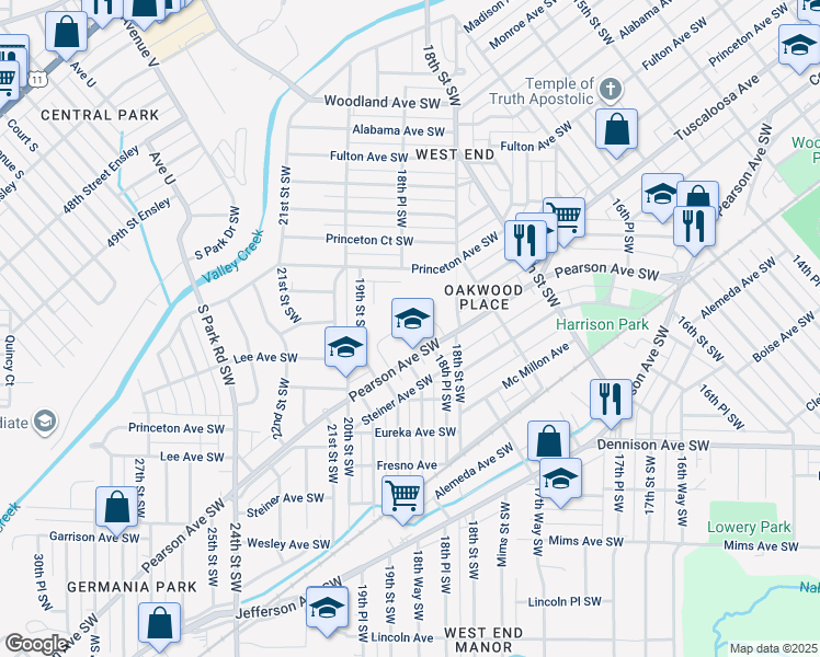 map of restaurants, bars, coffee shops, grocery stores, and more near 1840 Pearson Avenue Southwest in Birmingham