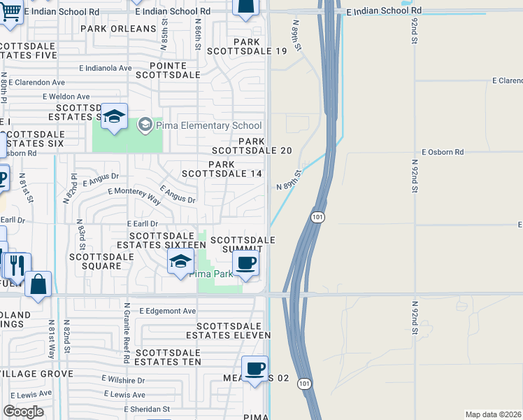 map of restaurants, bars, coffee shops, grocery stores, and more near 8744 East Cheery Lynn Road in Scottsdale