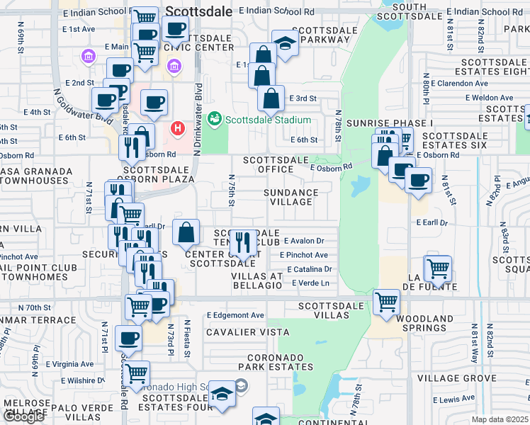 map of restaurants, bars, coffee shops, grocery stores, and more near 7530 East Earll Drive in Scottsdale