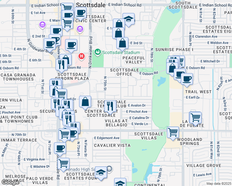 map of restaurants, bars, coffee shops, grocery stores, and more near 7530 East Earll Drive in Scottsdale