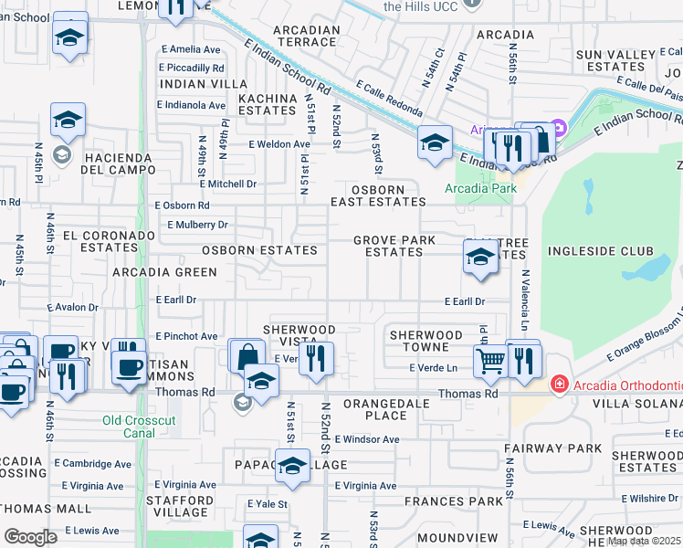 map of restaurants, bars, coffee shops, grocery stores, and more near 3113 North 52nd Street in Phoenix