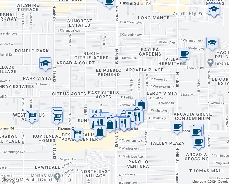 map of restaurants, bars, coffee shops, grocery stores, and more near 3110 North 40th Street in Phoenix
