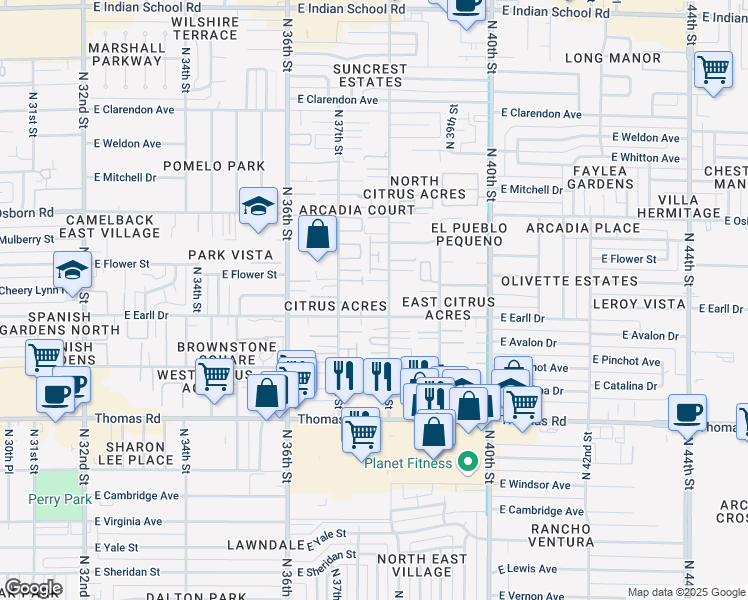 map of restaurants, bars, coffee shops, grocery stores, and more near 3726 East Earll Drive in Phoenix