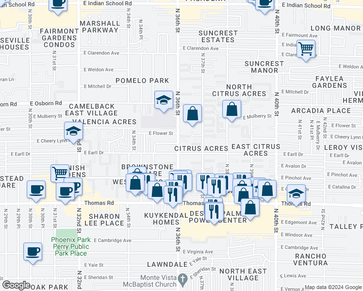 map of restaurants, bars, coffee shops, grocery stores, and more near 3101 North 36th Street in Phoenix
