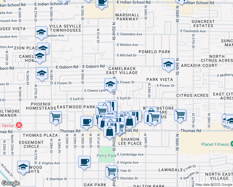 map of restaurants, bars, coffee shops, grocery stores, and more near 3101 North 32nd Street in Phoenix