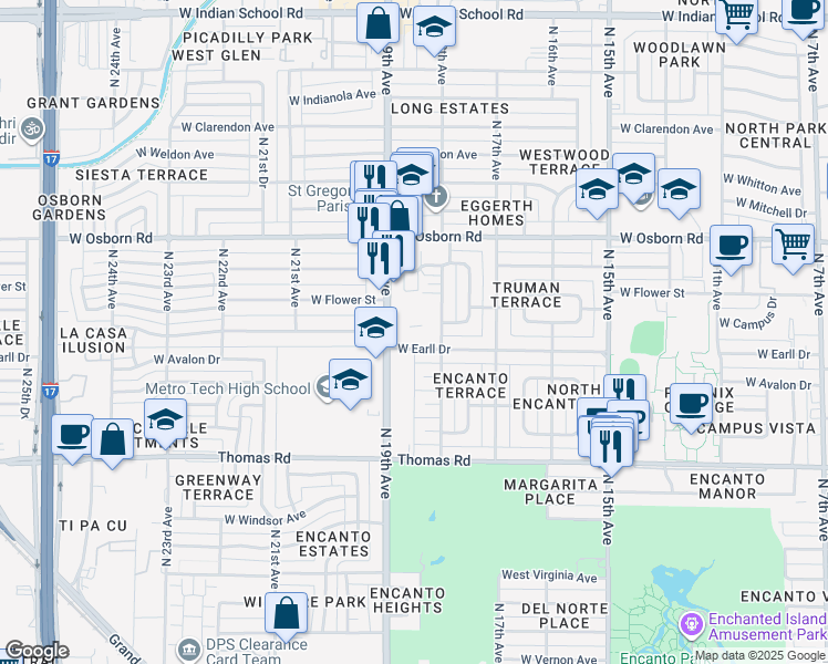 map of restaurants, bars, coffee shops, grocery stores, and more near 3101 North 19th Avenue in Phoenix