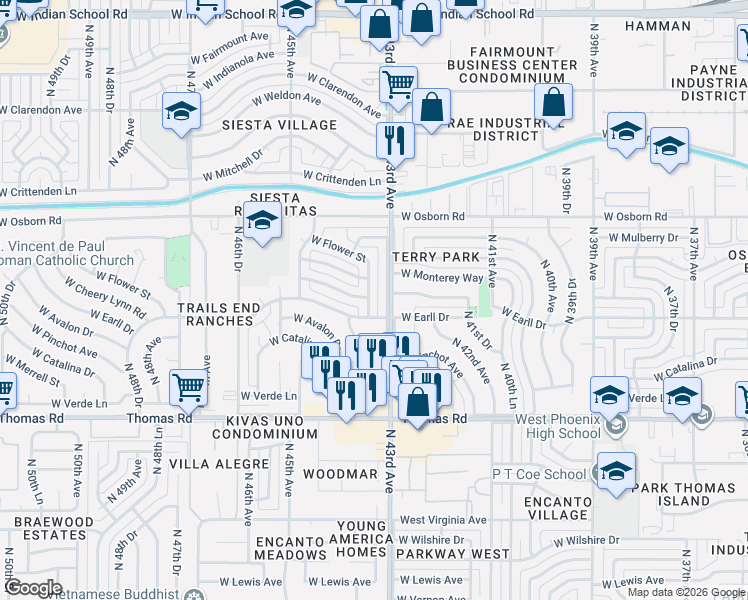 map of restaurants, bars, coffee shops, grocery stores, and more near 3108 North 43rd Avenue in Phoenix