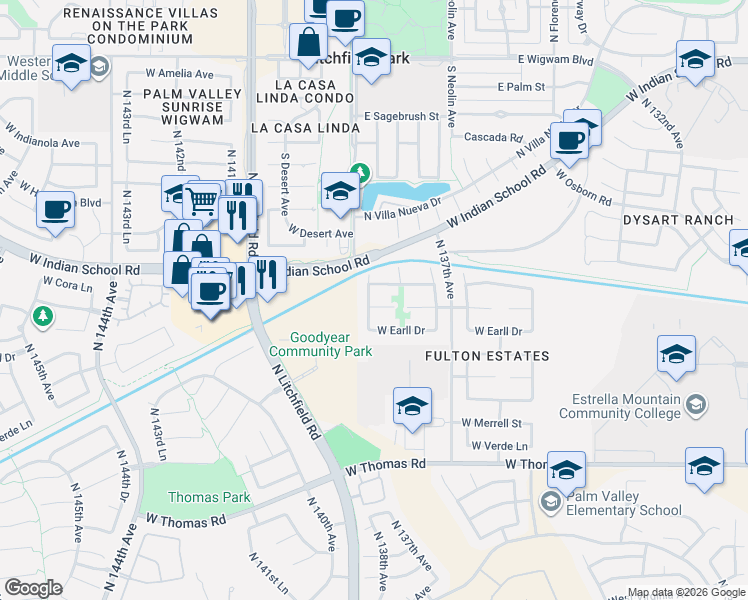 map of restaurants, bars, coffee shops, grocery stores, and more near 3222 North 138th Drive in Avondale