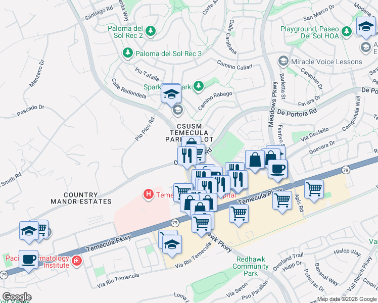 map of restaurants, bars, coffee shops, grocery stores, and more near 31901 Calle Caballos in Temecula