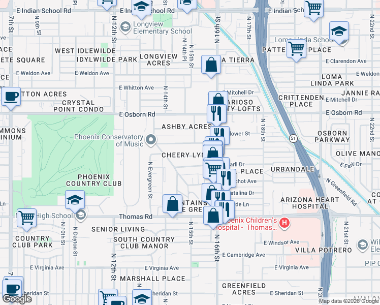 map of restaurants, bars, coffee shops, grocery stores, and more near 1554 East Cheery Lynn Road in Phoenix