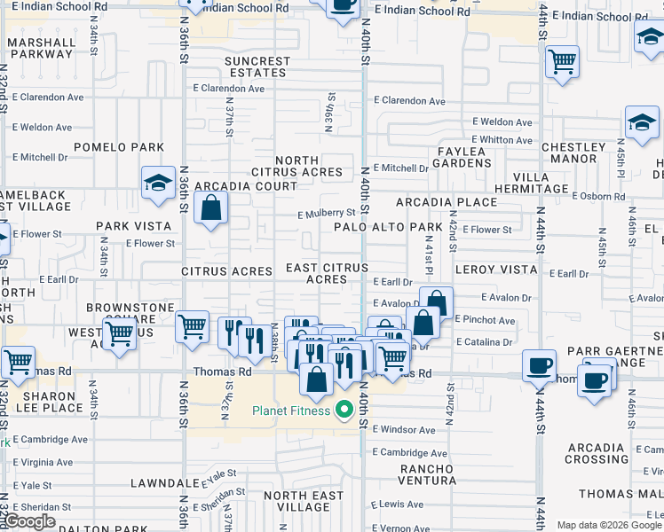 map of restaurants, bars, coffee shops, grocery stores, and more near 3107 North 39th Street in Phoenix
