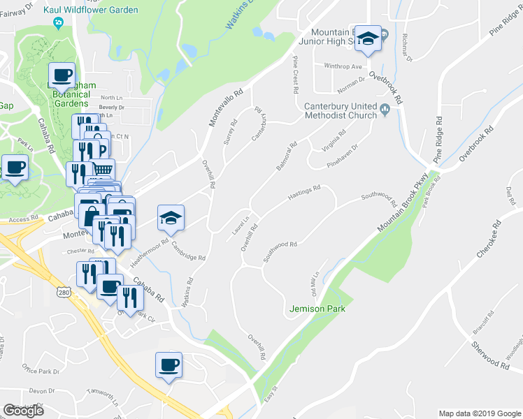 map of restaurants, bars, coffee shops, grocery stores, and more near 2800 Hastings Road in Birmingham