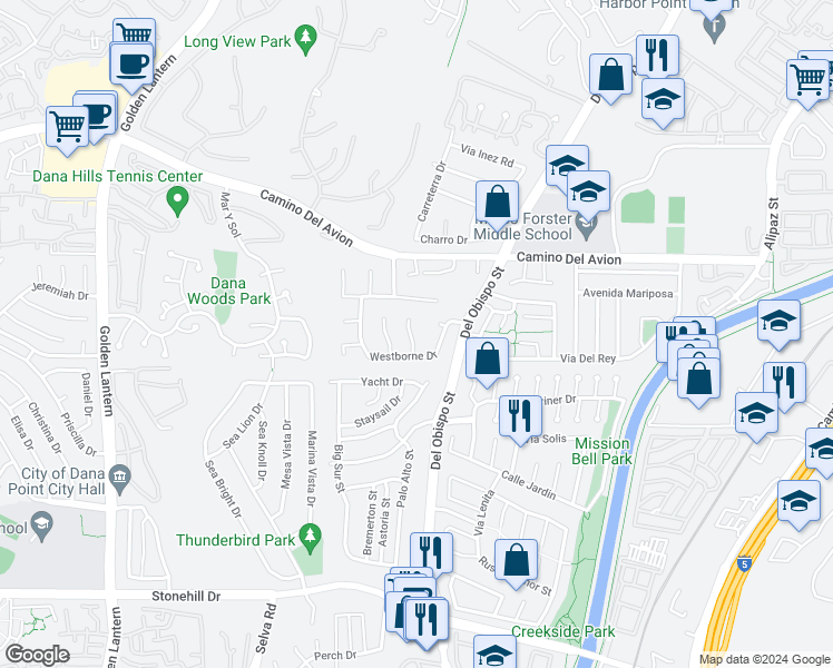 map of restaurants, bars, coffee shops, grocery stores, and more near 32902 Staysail Drive in Dana Point