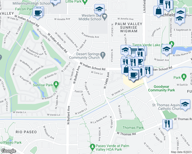 map of restaurants, bars, coffee shops, grocery stores, and more near 14458 West Lexington Avenue in Goodyear