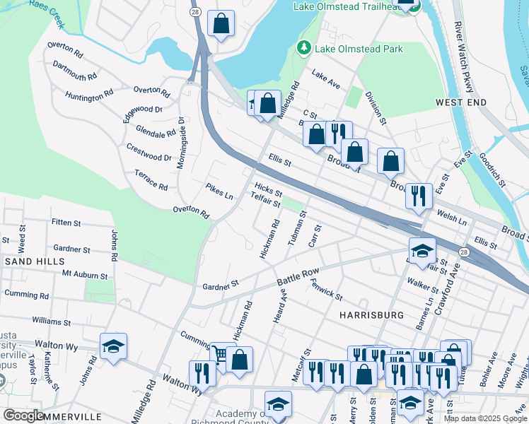 map of restaurants, bars, coffee shops, grocery stores, and more near 502 Beaufort Drive in Augusta