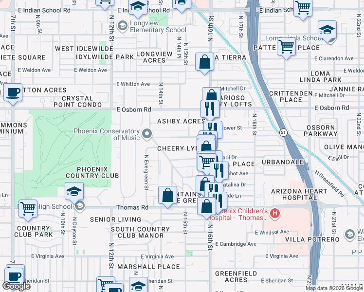 map of restaurants, bars, coffee shops, grocery stores, and more near 1554 East Cheery Lynn Road in Phoenix