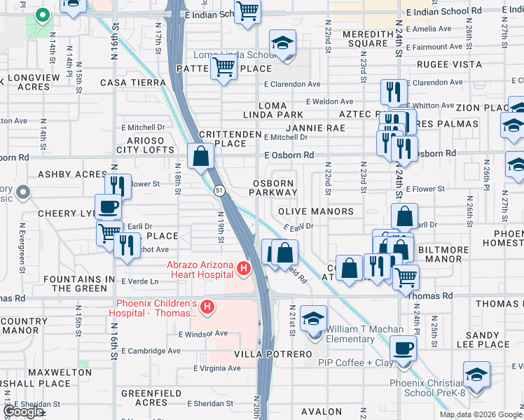map of restaurants, bars, coffee shops, grocery stores, and more near 3129 North 20th Street in Phoenix