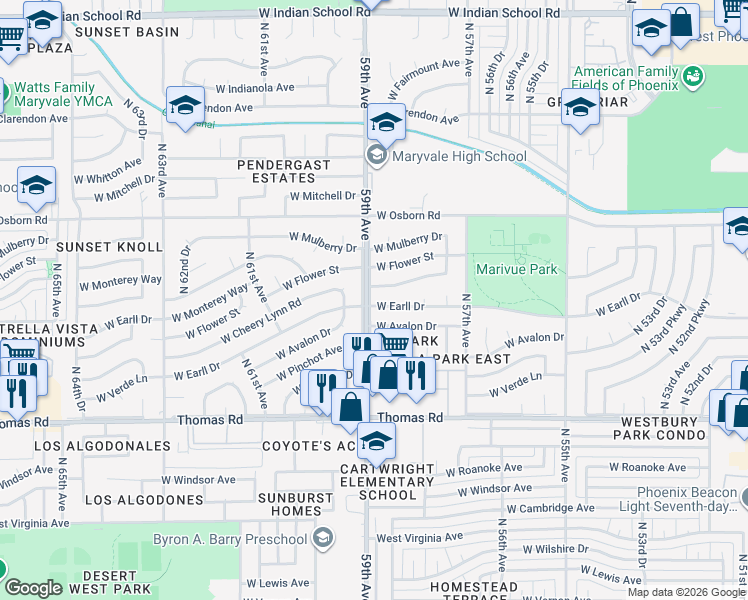 map of restaurants, bars, coffee shops, grocery stores, and more near in Phoenix