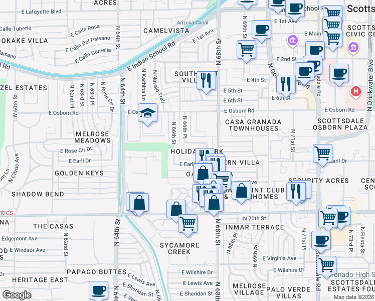 map of restaurants, bars, coffee shops, grocery stores, and more near 6631 East Cheery Lynn Road in Scottsdale