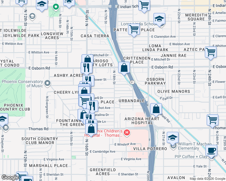 map of restaurants, bars, coffee shops, grocery stores, and more near 1739 East Cheery Lynn Road in Phoenix
