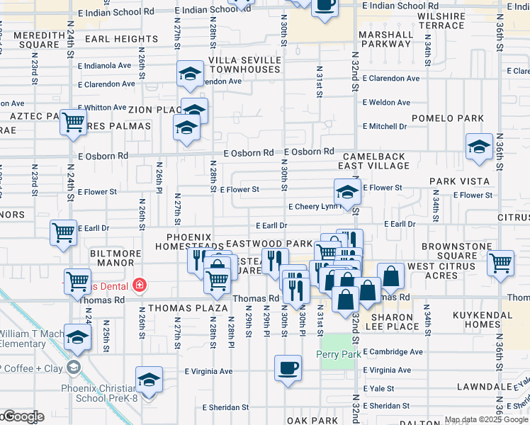map of restaurants, bars, coffee shops, grocery stores, and more near 2916 East Earll Drive in Phoenix