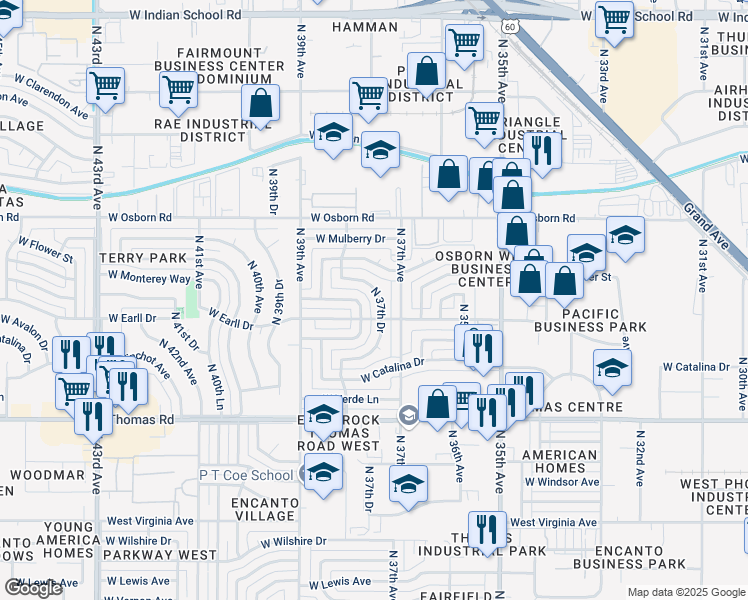 map of restaurants, bars, coffee shops, grocery stores, and more near 3744 West Cheery Lynn Road in Phoenix