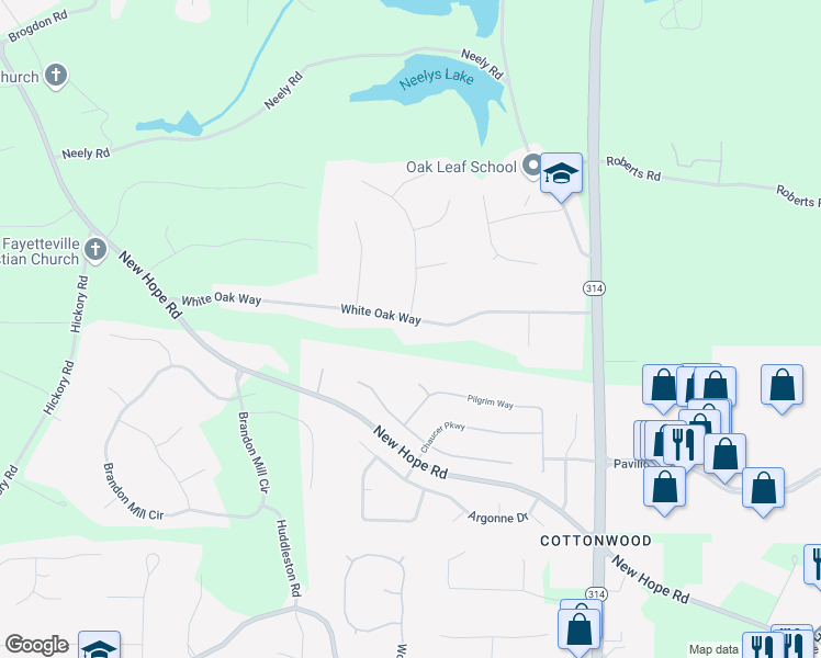 map of restaurants, bars, coffee shops, grocery stores, and more near 235 White Oak Way in Fayetteville