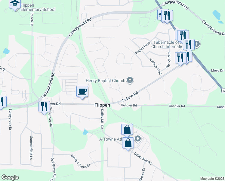 map of restaurants, bars, coffee shops, grocery stores, and more near 95 Greenland Drive in McDonough