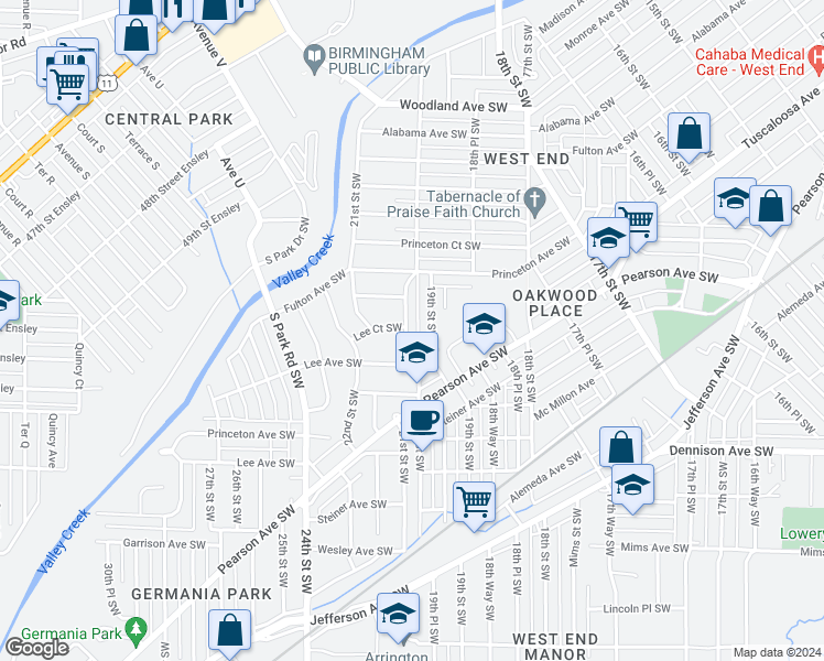 map of restaurants, bars, coffee shops, grocery stores, and more near 237 20th Street Southwest in Birmingham