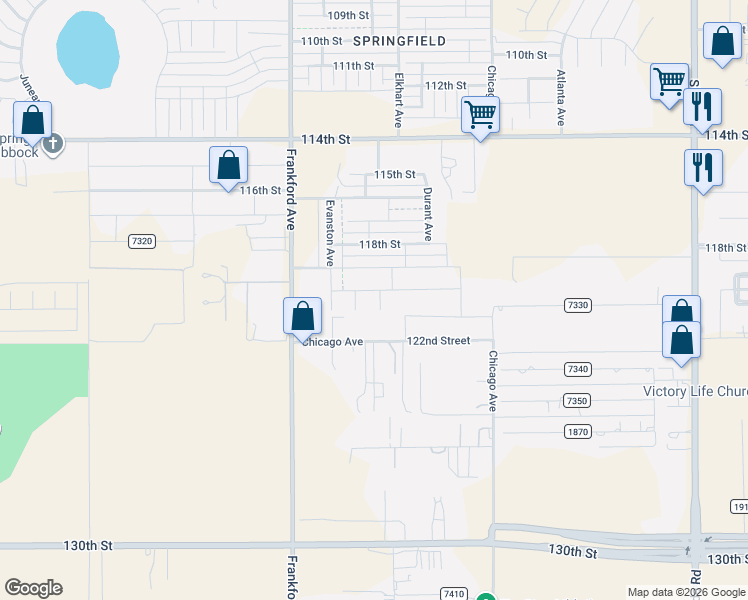 map of restaurants, bars, coffee shops, grocery stores, and more near 5612 122nd Street in Lubbock