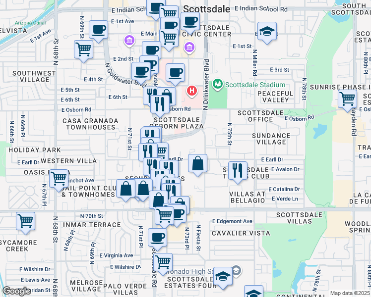 map of restaurants, bars, coffee shops, grocery stores, and more near 7302 East Earll Drive in Scottsdale