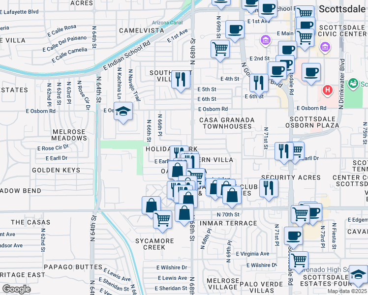 map of restaurants, bars, coffee shops, grocery stores, and more near 3132 North 67th Place in Scottsdale