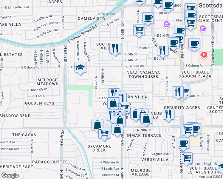 map of restaurants, bars, coffee shops, grocery stores, and more near 3132 North 67th Place in Scottsdale