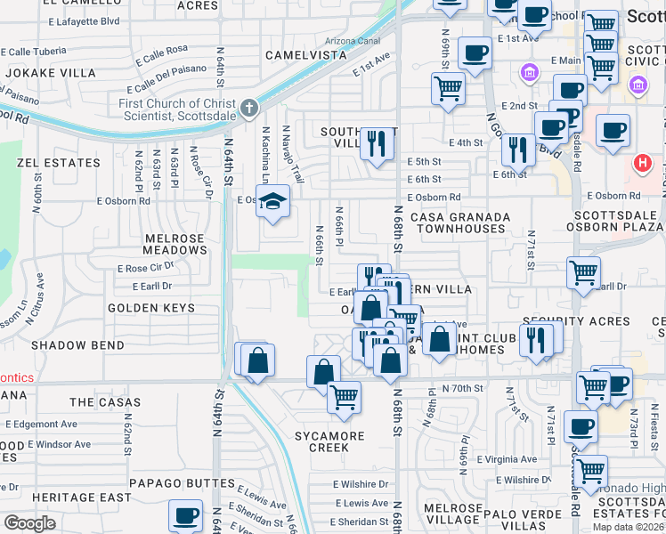 map of restaurants, bars, coffee shops, grocery stores, and more near 6631 East Cheery Lynn Road in Scottsdale