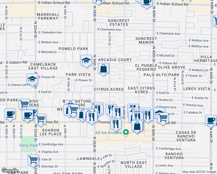 map of restaurants, bars, coffee shops, grocery stores, and more near 3705 East Cheery Lynn Road in Phoenix
