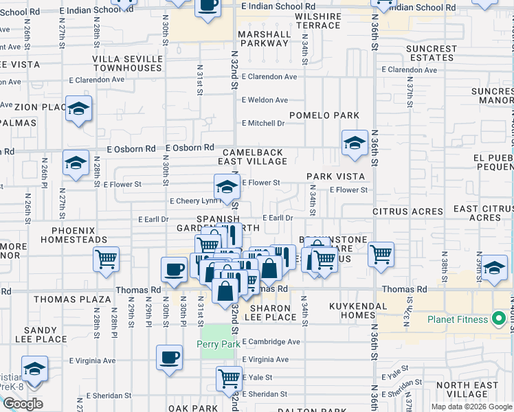map of restaurants, bars, coffee shops, grocery stores, and more near 3103 North 32nd Way in Phoenix