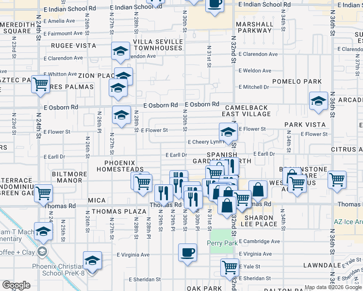map of restaurants, bars, coffee shops, grocery stores, and more near 3002 East Earll Drive in Phoenix