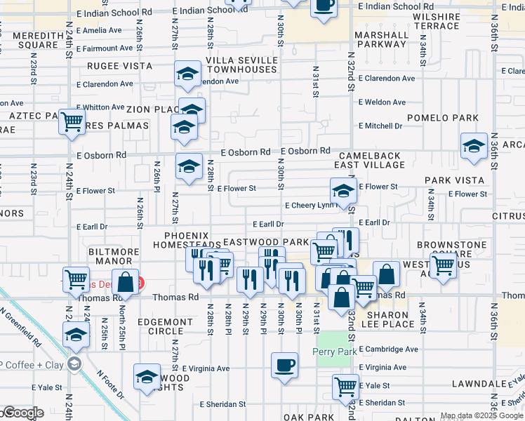 map of restaurants, bars, coffee shops, grocery stores, and more near 2916 East Earll Drive in Phoenix