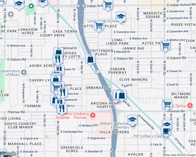 map of restaurants, bars, coffee shops, grocery stores, and more near 3201 North 19th Street in Phoenix
