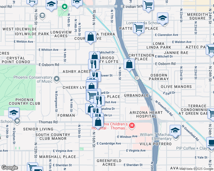 map of restaurants, bars, coffee shops, grocery stores, and more near 1711 East Cheery Lynn Road in Phoenix
