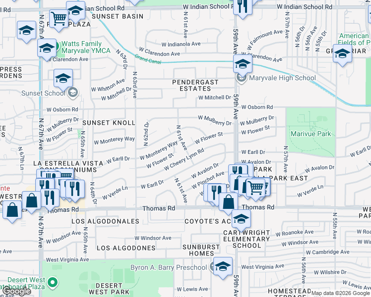 map of restaurants, bars, coffee shops, grocery stores, and more near 3130 North 61st Avenue in Phoenix