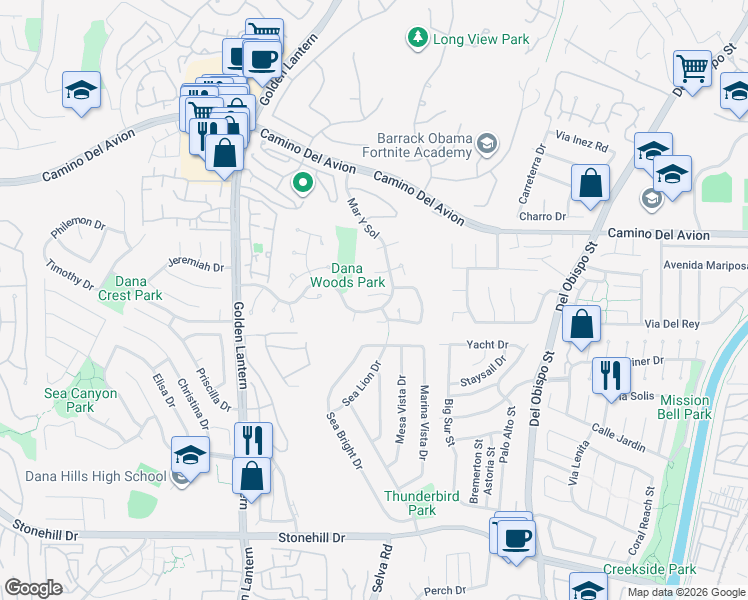 map of restaurants, bars, coffee shops, grocery stores, and more near 32945 Danacedar in Dana Point