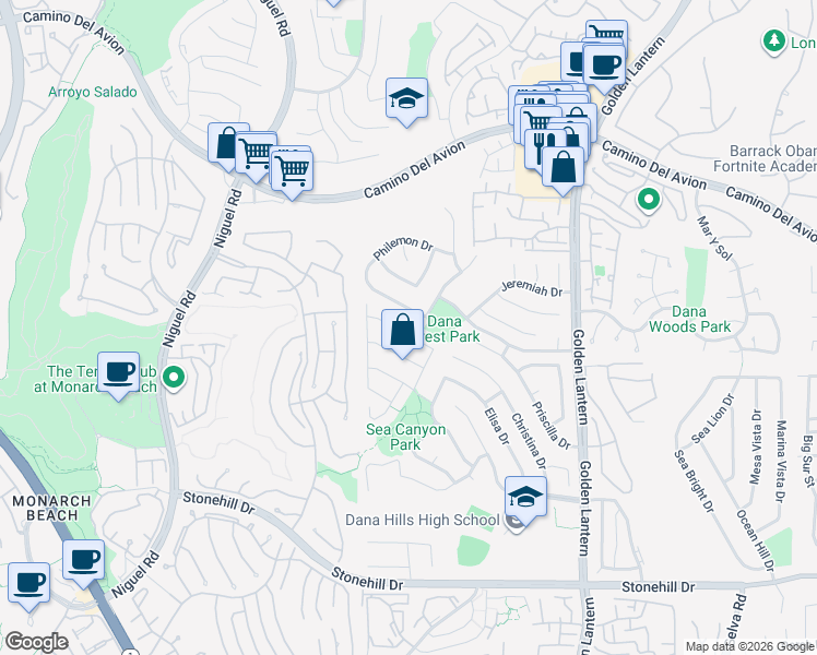 map of restaurants, bars, coffee shops, grocery stores, and more near 24342 Barbados Drive in Dana Point