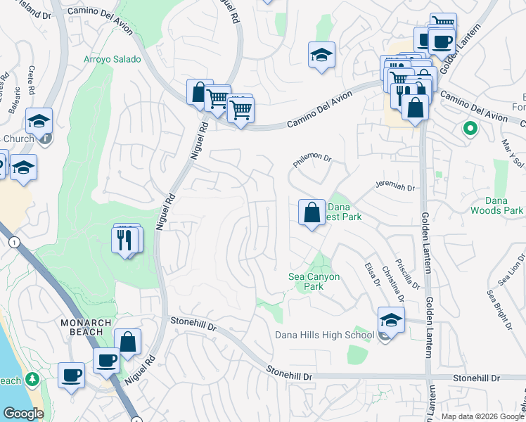map of restaurants, bars, coffee shops, grocery stores, and more near 12 Saint John in Dana Point
