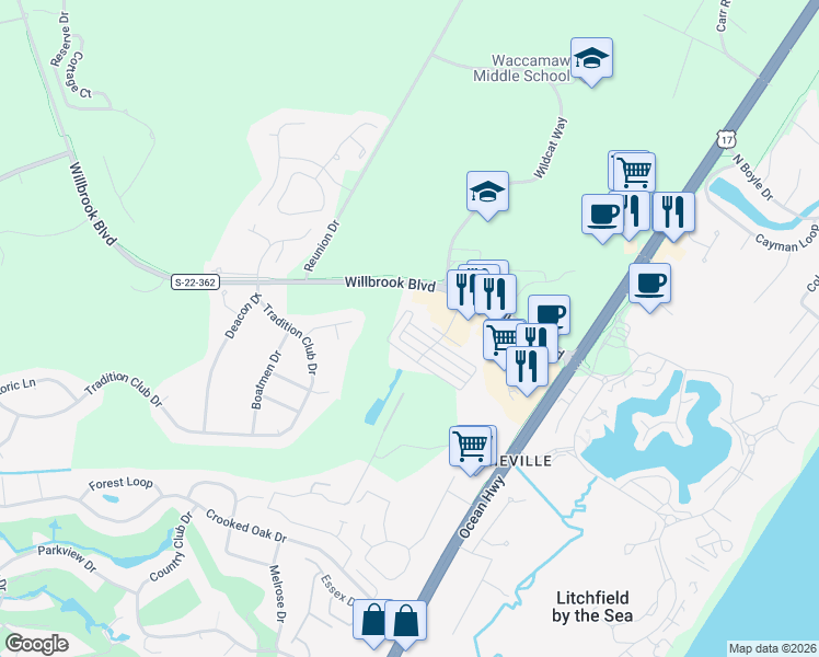 map of restaurants, bars, coffee shops, grocery stores, and more near 280 Lumbee Circle in Pawleys Island