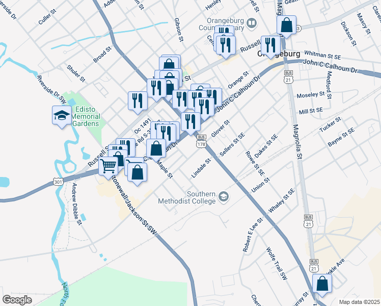 map of restaurants, bars, coffee shops, grocery stores, and more near 997 Glover Street in Orangeburg