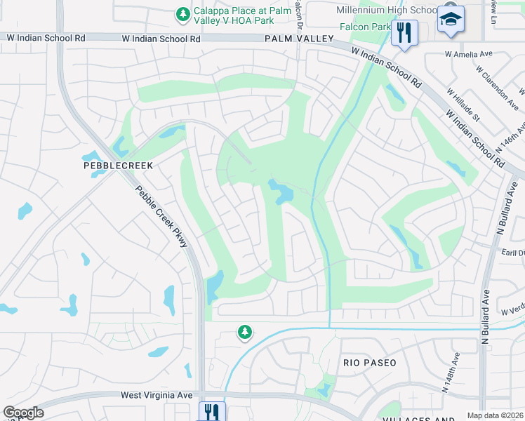 map of restaurants, bars, coffee shops, grocery stores, and more near 3351 North 153rd Drive in Goodyear