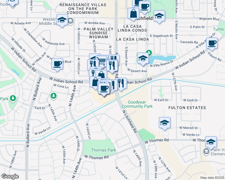 map of restaurants, bars, coffee shops, grocery stores, and more near 3328 North Litchfield Road in Goodyear